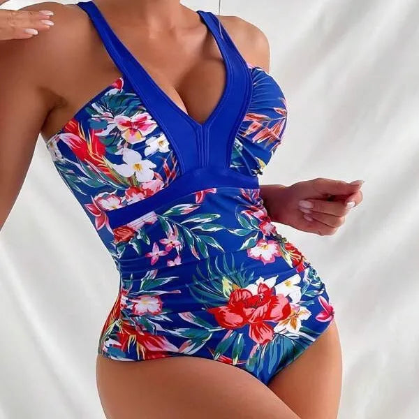 Women's floral backless one-piece swimsuit in polyester spandex blend with high elasticity