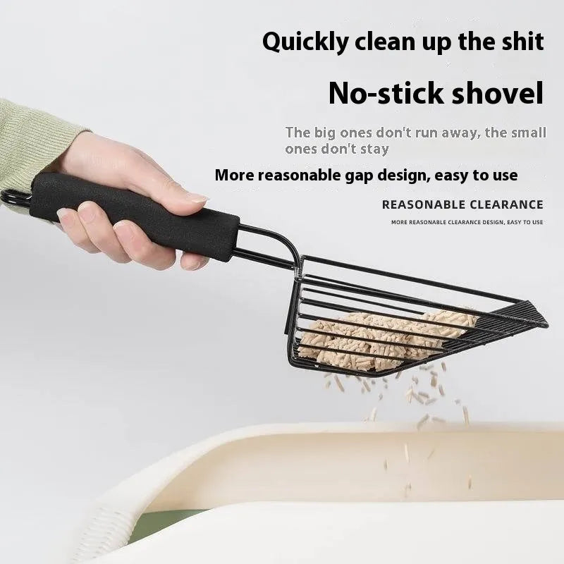 Black metal cat litter scoop with narrow tines for sifting waste from litter