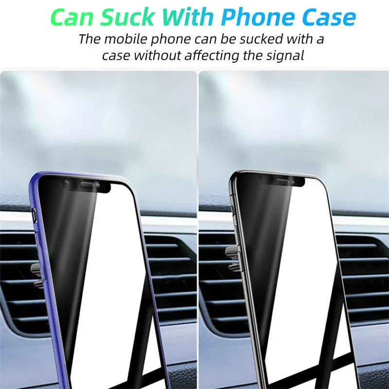 Magnetic car phone holder mounted on car air vent with smartphone attached and adjustable angle bracket