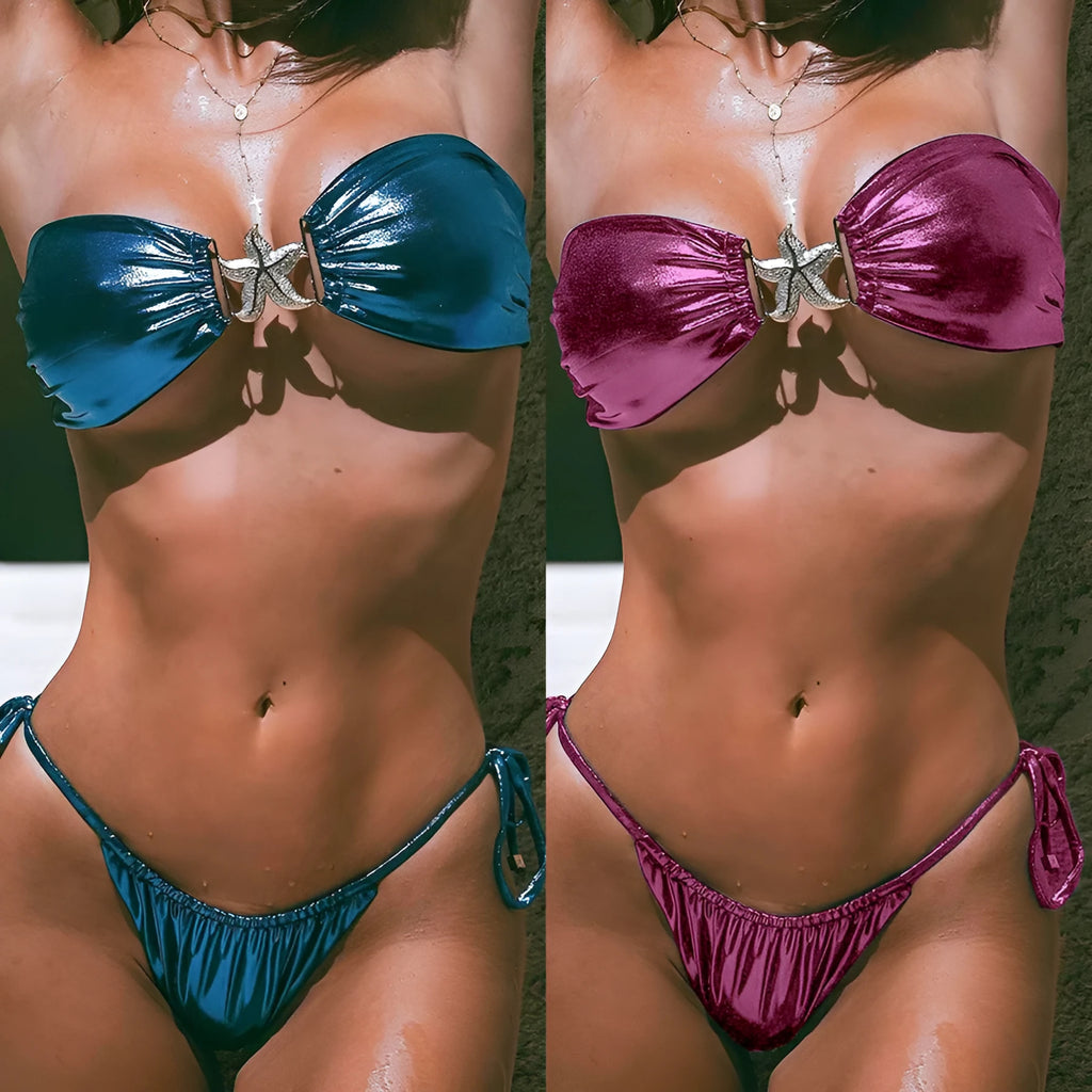 Women's glossy sapphire blue bikini with gold starfish detail on split tube top