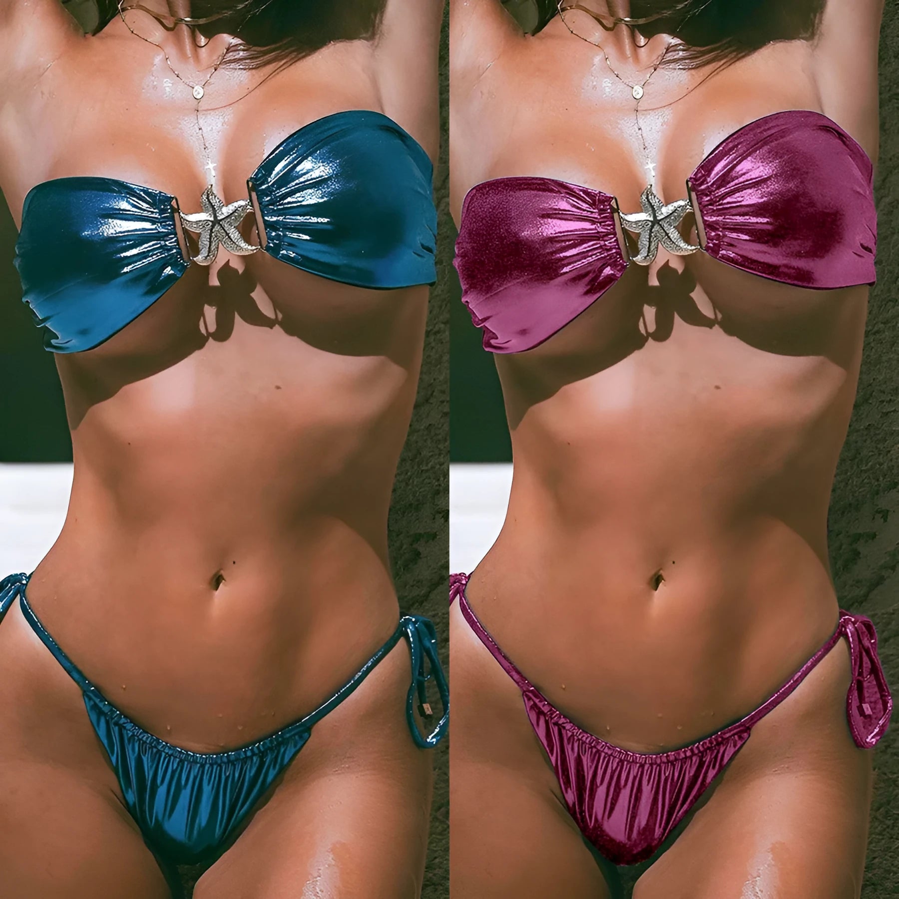 Women's glossy sapphire blue bikini with gold starfish detail on split tube top
