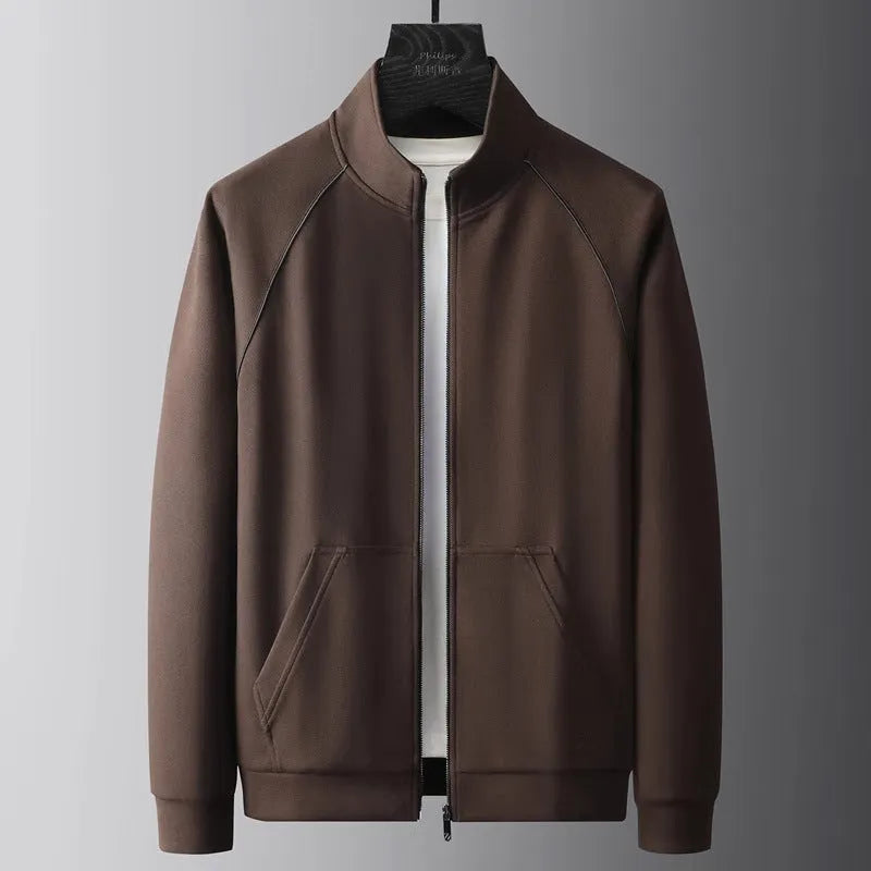 Men's stand collar slim-fit sports suit jacket and trousers in black, coffee, or black fleece-lined options.