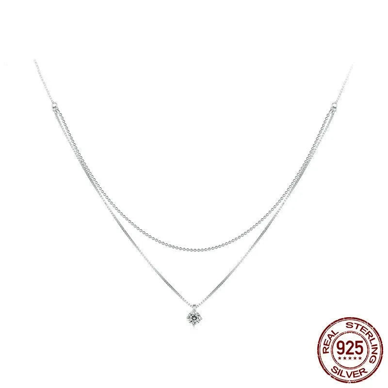 Women's silver double-layer necklace with S925 sterling silver pendant on pearl chain