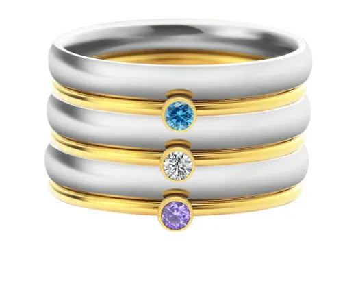 Titanium steel geometric ring with December birthstone colour and engraved pattern.