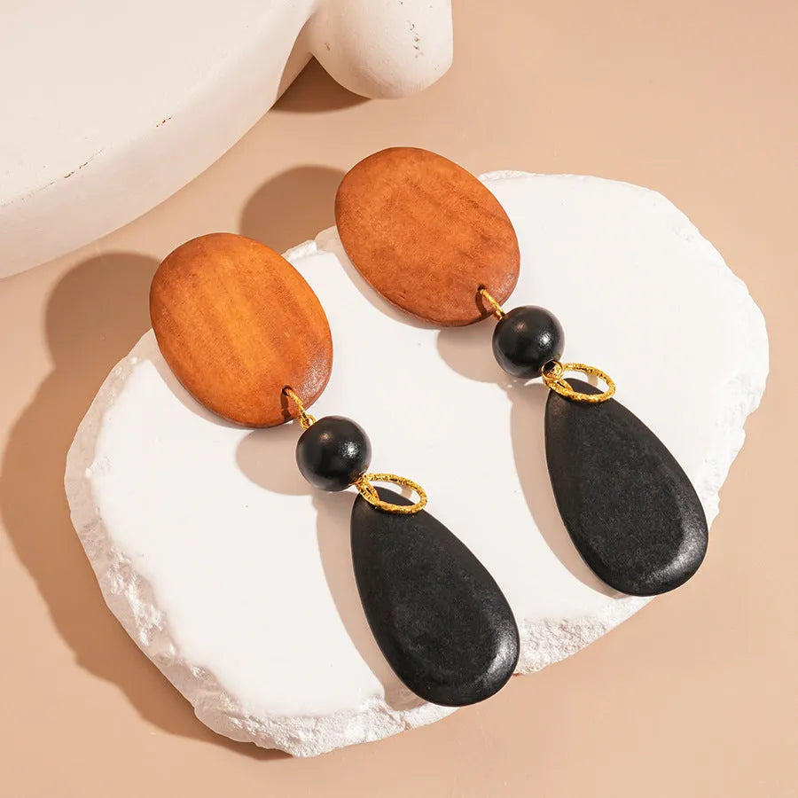 Handmade wooden ellipse earrings in silver needle-brown-black colour retro women's jewellery