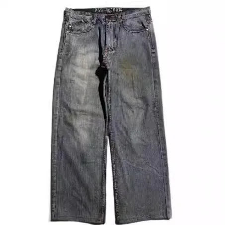 Grey washed-out men's wide-leg straight jeans with a mid-waist and zipper fly.