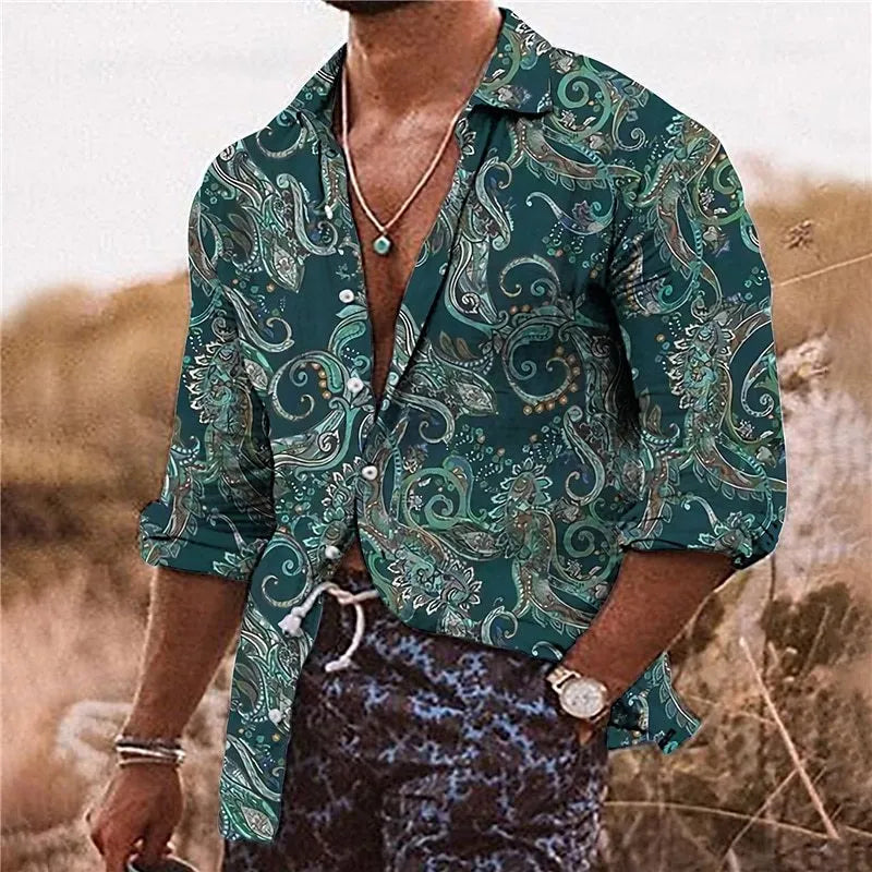 Men's loose fit shirt with 3D floral pattern printing, long sleeves, business casual styling