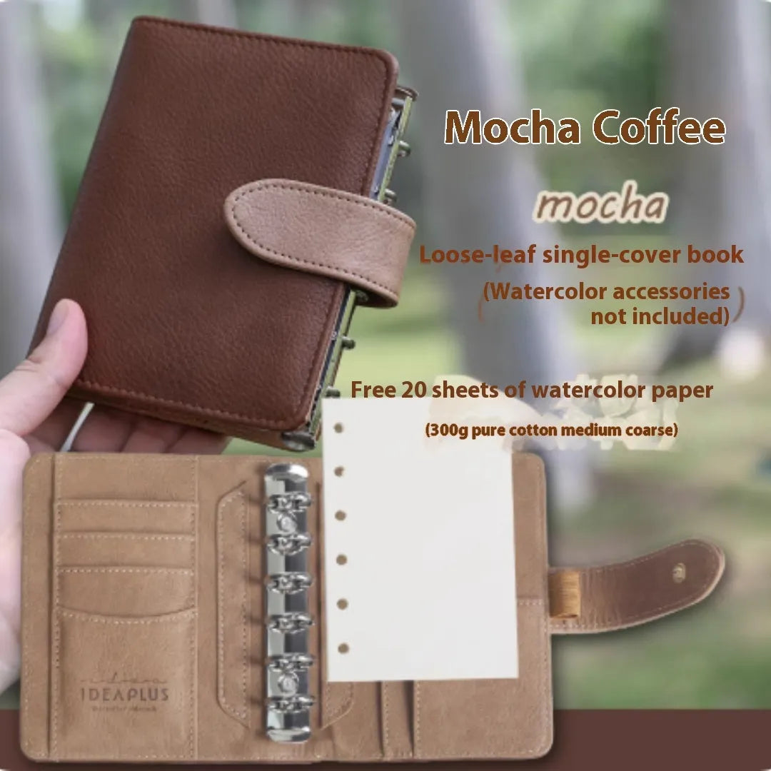 A7 sized ring-bound loose-leaf watercolour notebook in a choice of five natural coloured covers.