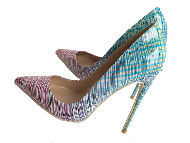 Pink and blue gradient patent leather women's high heels with a pointed toe.