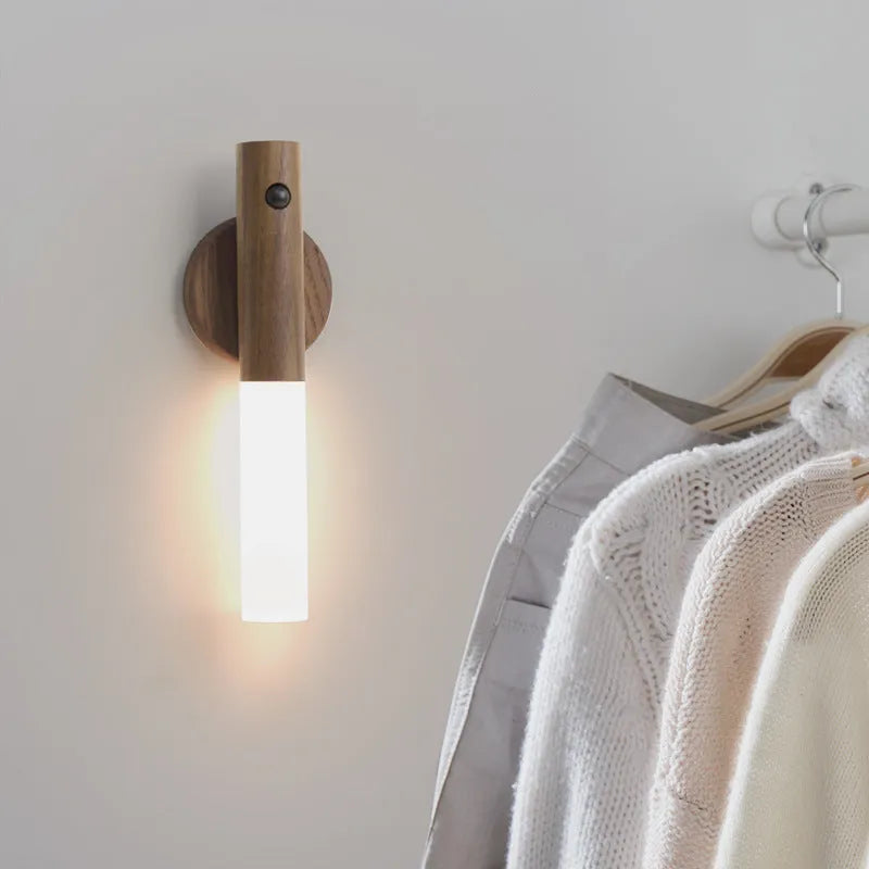 Smart sensor LED desk lamp with solid wood base on a desk
