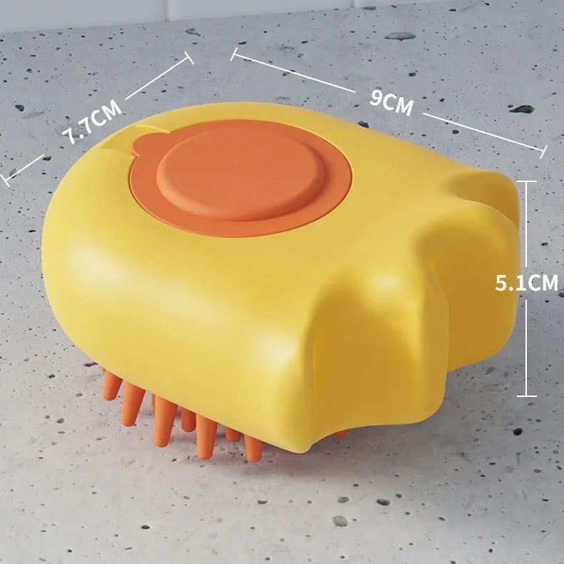 Blue pet bath brush with shampoo box showing massage brush and comb heads