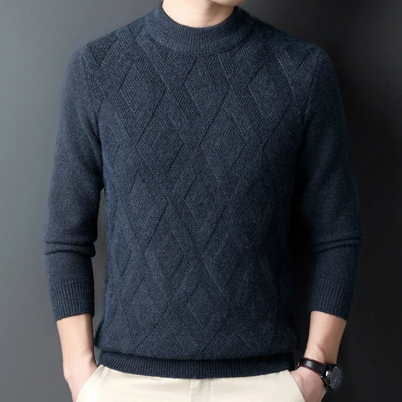 Men's thick grey diamond jacquard wool blend thermal pullover sweater on a hanger.