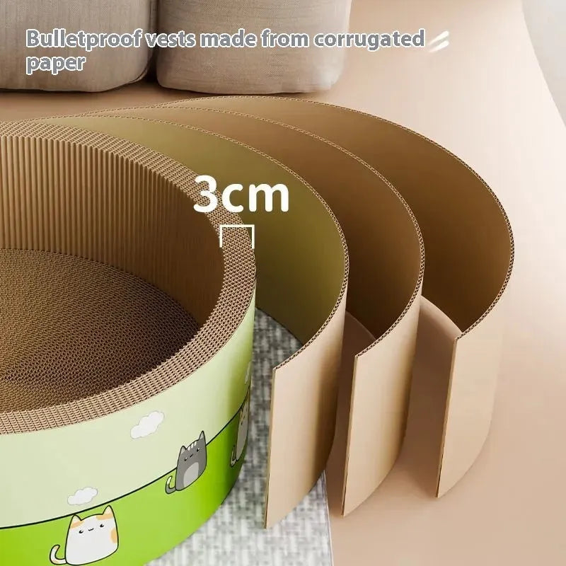 Large round cat scratch board with deepening pit design made from brown corrugated paper