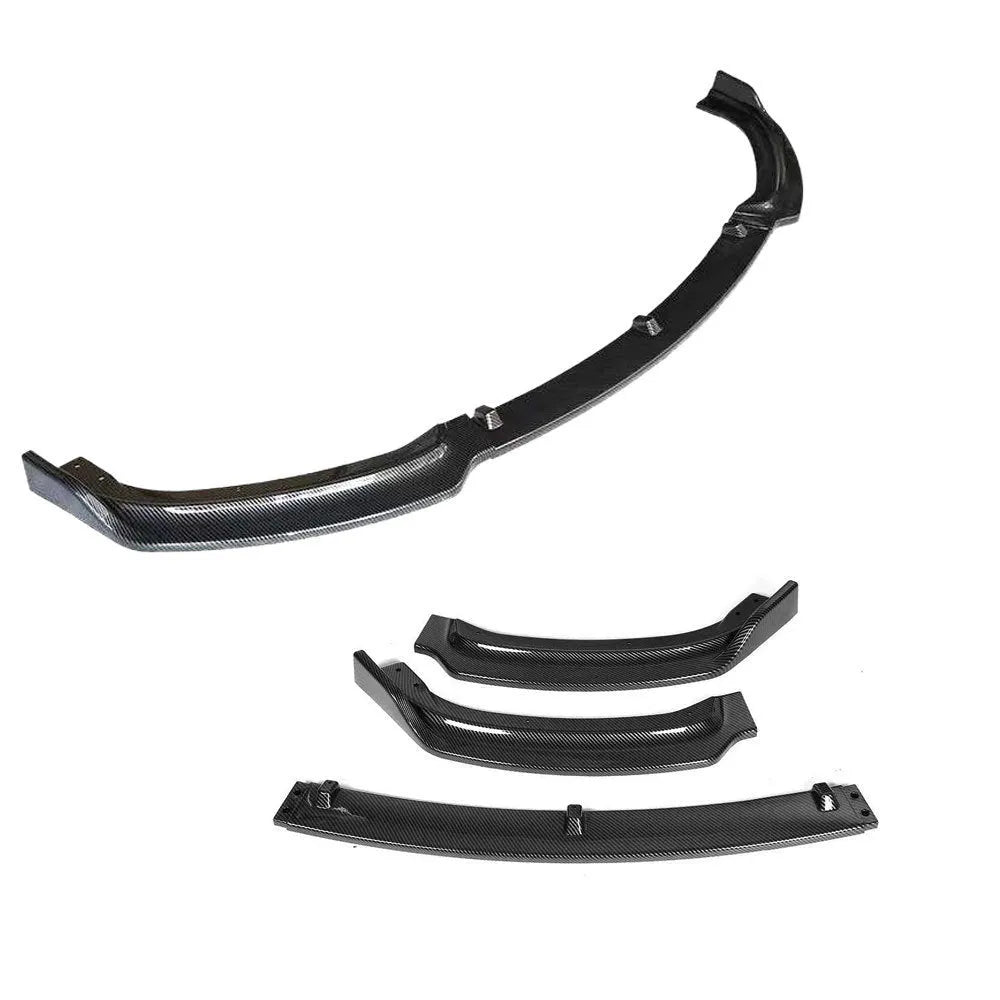 Gloss black front bumper lip spoiler for BMW 3 Series F30 F35 models, showing its curved shape and dimensions.