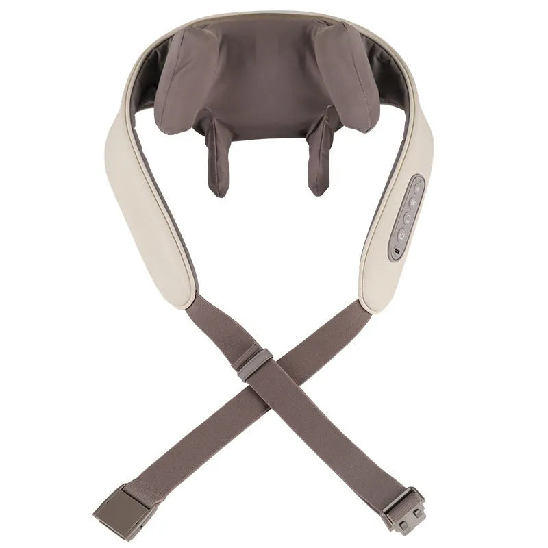 Milky white rechargeable handheld shoulder and neck kneading massager with USB cable.