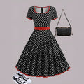 Women's square collar polka dot dress with front zipper and pleated midi skirt