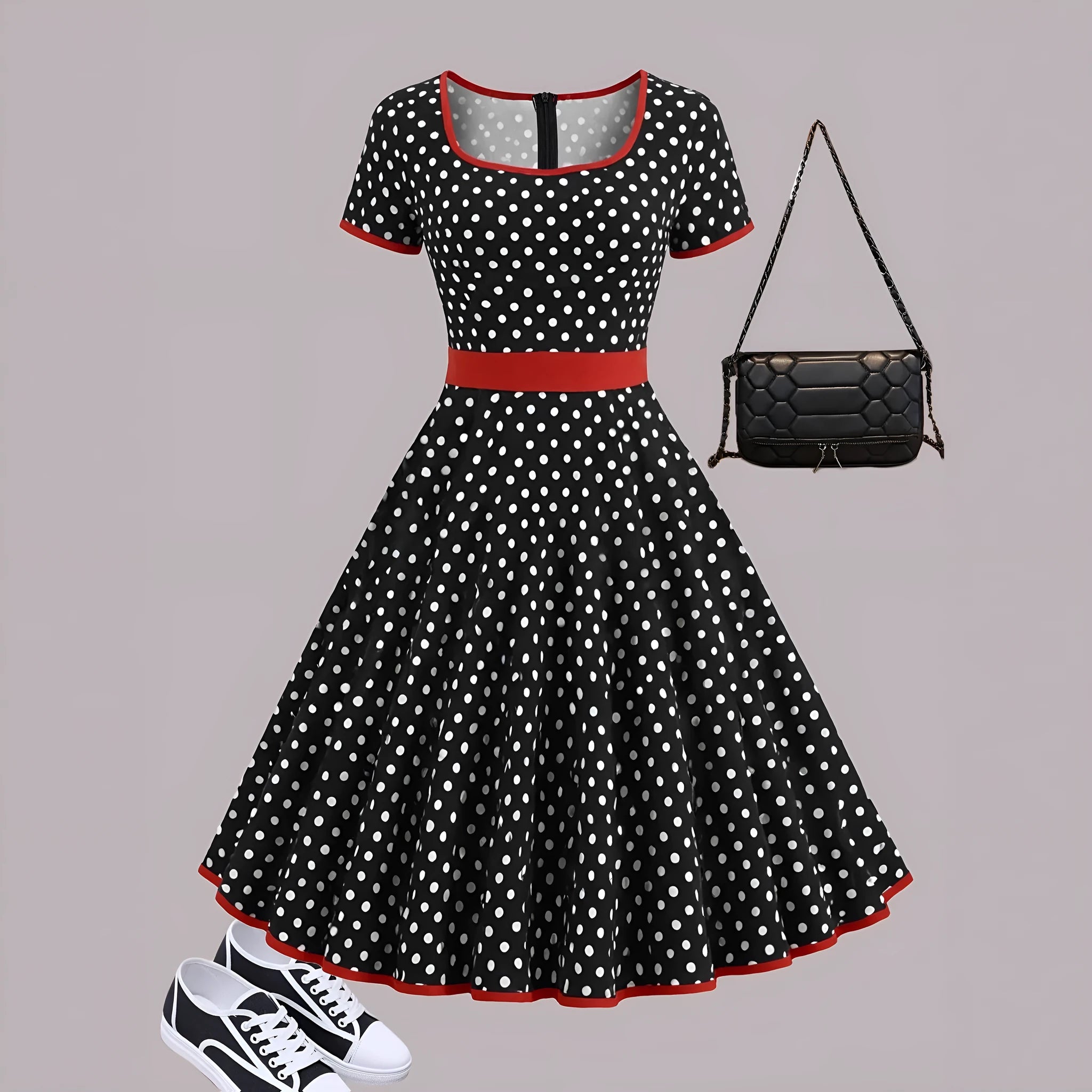 Women's square collar polka dot dress with front zipper and pleated midi skirt