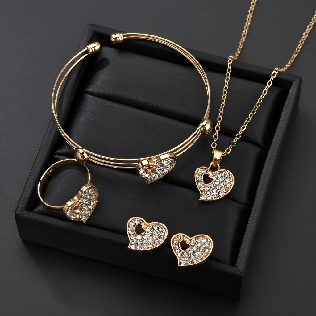 Gold electroplated alloy jewellery set with earrings, pendant necklace and bracelet for women