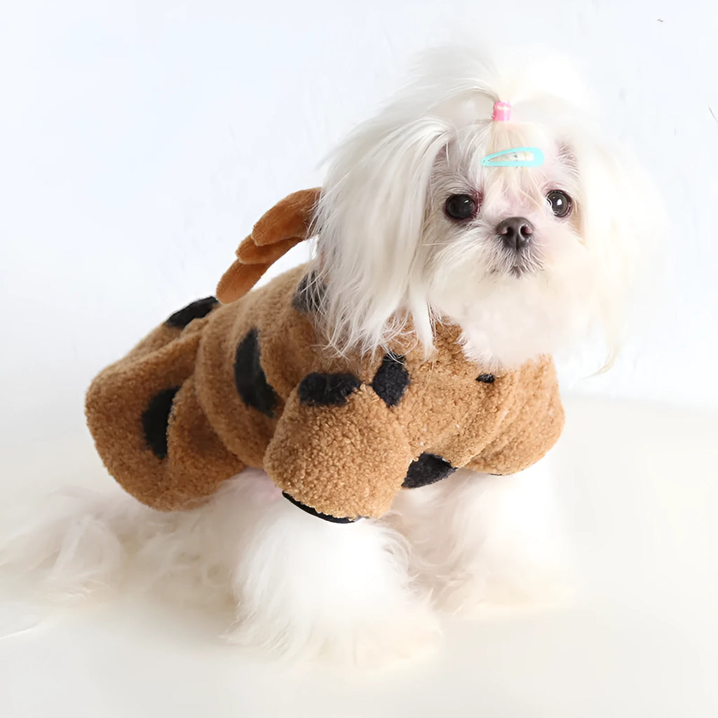 Polka dot pet dog or cat clothing with elk couple design, shown in skirt and four-leg style options.