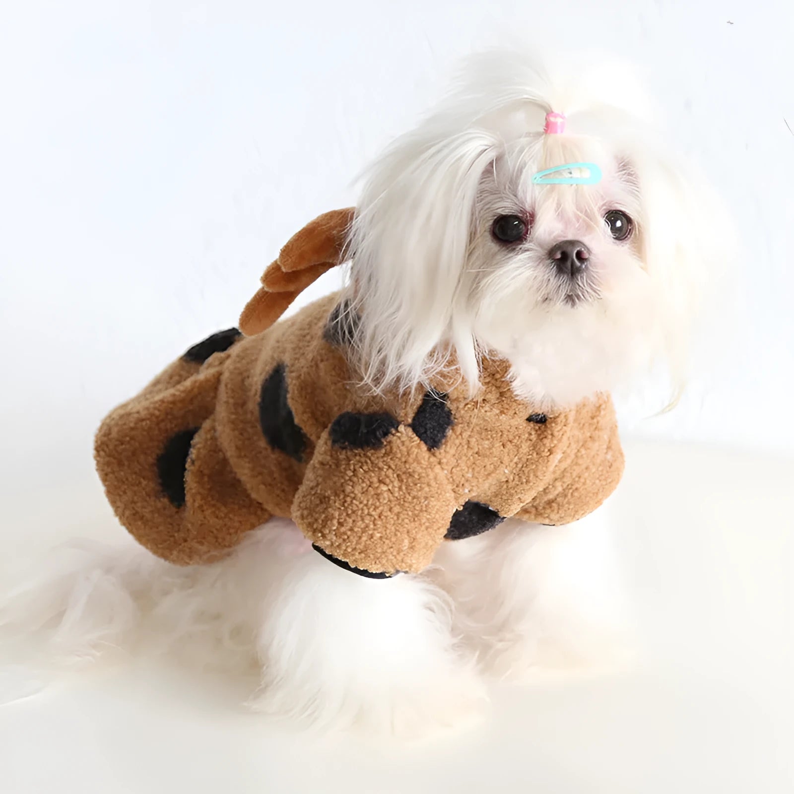 Polka dot pet dog or cat clothing with elk couple design, shown in skirt and four-leg style options.