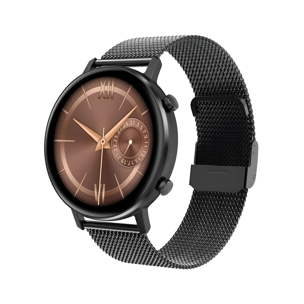 DT96 smart fitness bracelet with steel strap on a wrist, showing the 1.3-inch display.