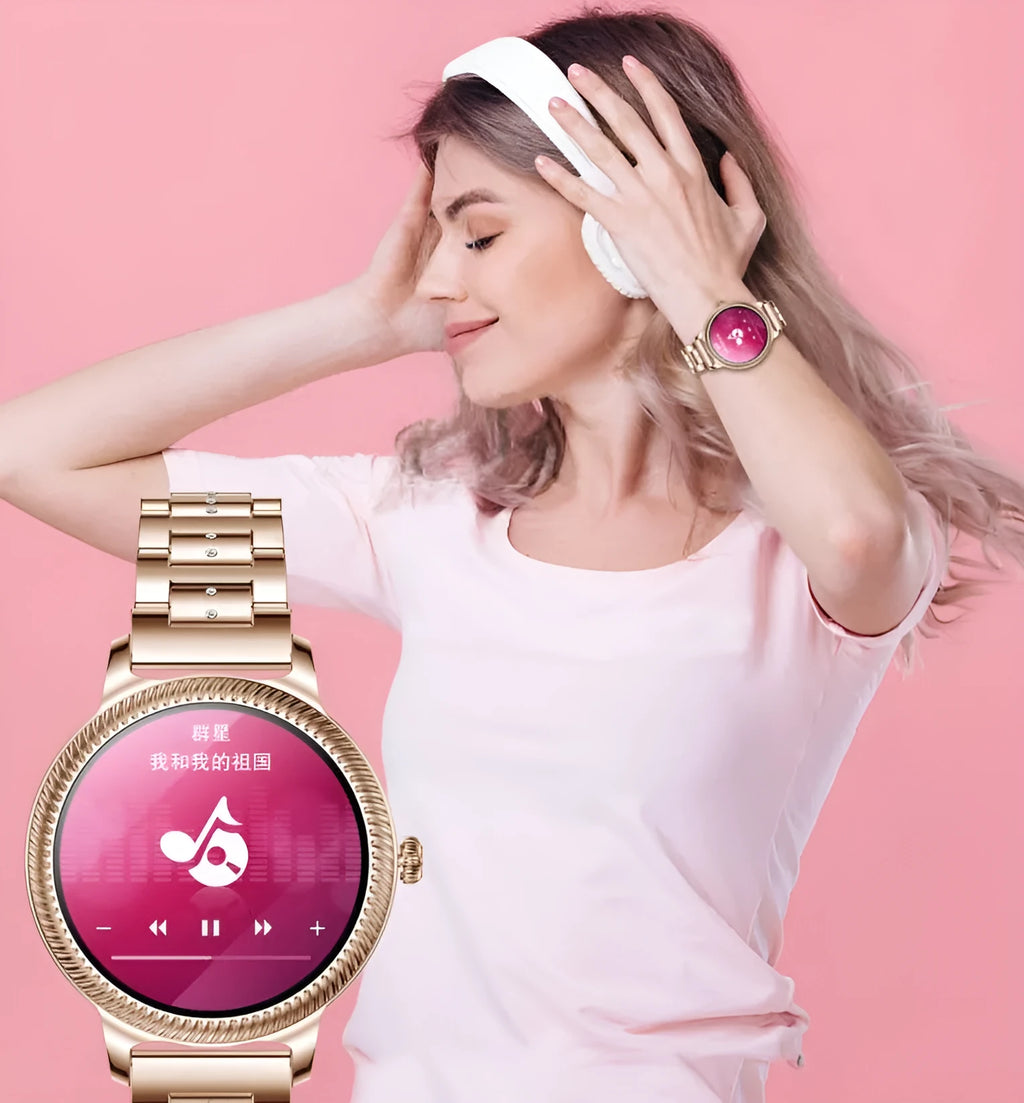 AK38 ladies smart watch with TFT screen and stainless steel Milanese bracelet on wrist