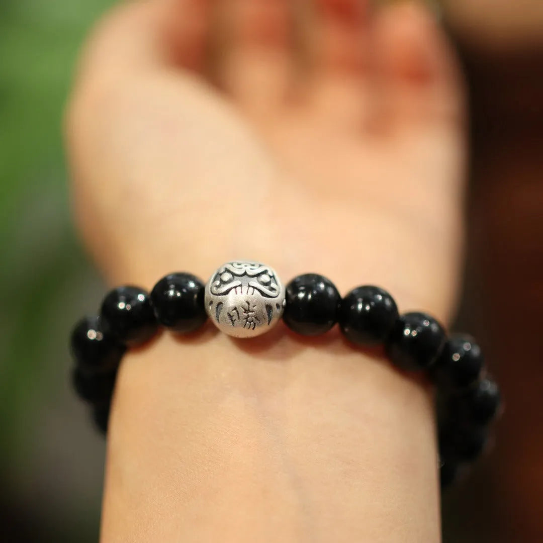 Chinese style black agate bracelet with 10mm beads and sterling silver components