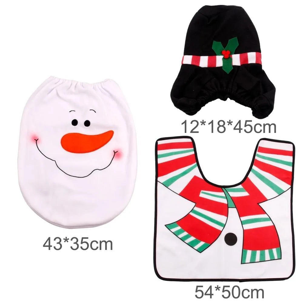 Christmas bathroom decoration set with toilet cover, floor mat and shower curtain in festive designs
