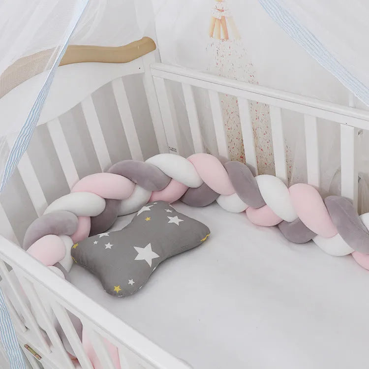 Braided knot crib bumper cushion in spandex velvet protecting infant cot sides