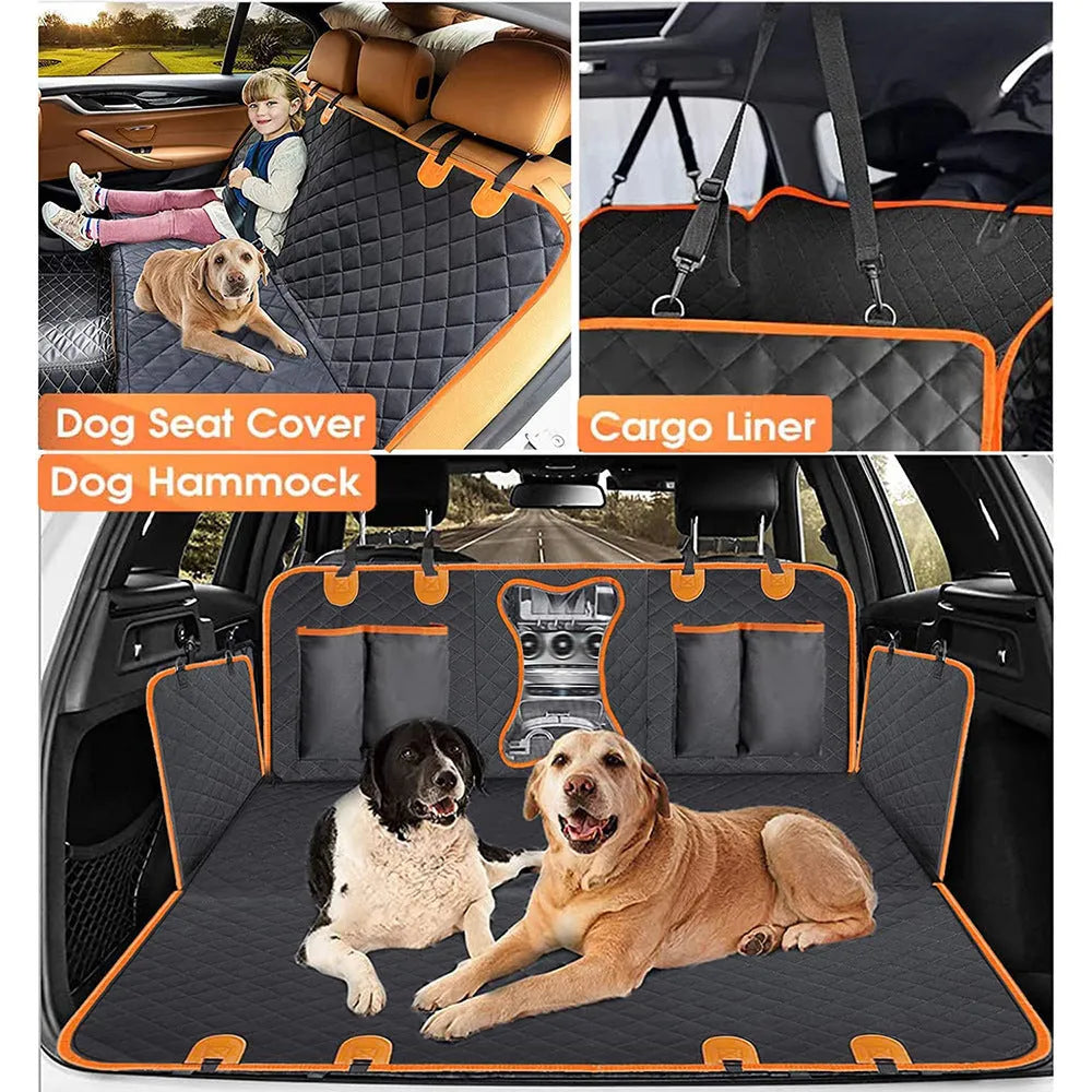Black waterproof dog car seat cover with orange edging laid out on a car rear seat, showing mesh window and storage pocket.