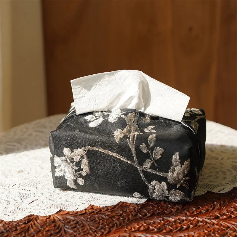New Chinese brocade fabric tissue box with white plum embroidery, showing pearl buckle variant.