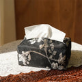 New Chinese brocade fabric tissue box with white plum embroidery, showing pearl buckle variant.