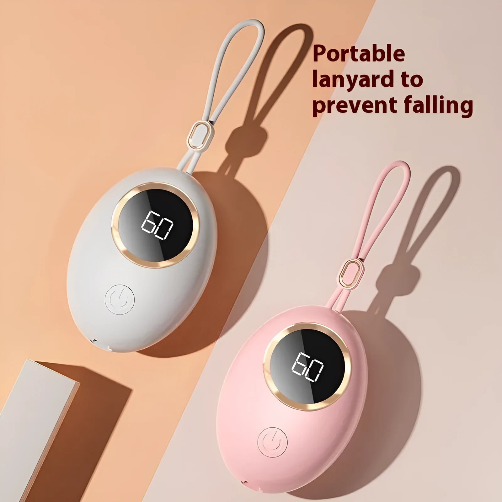 Mini USB hand warmer power bank with digital display in pink and blue colors