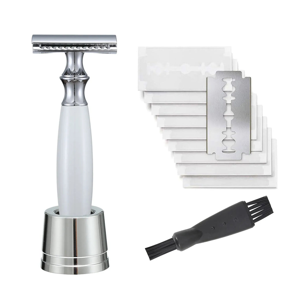 Men's copper manual safety razor with olive wood handle on aluminium alloy stand, with blades and cleaning brush