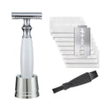 Men's copper manual safety razor with olive wood handle on aluminium alloy stand, with blades and cleaning brush