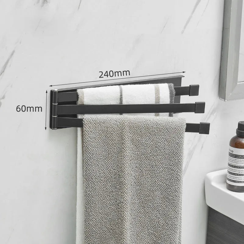 Black folding towel bar with adhesive installation for bathroom use