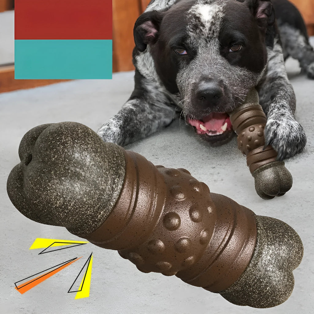 Wood coloured plastic bone-shaped dog toy with textured molar rod dental cleaning design