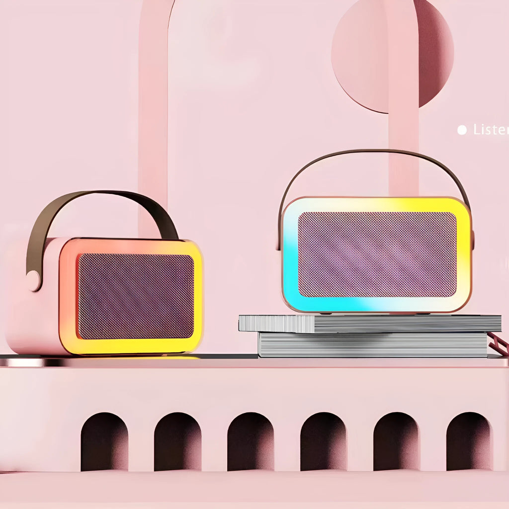 Portable Bluetooth karaoke microphone speaker with coloured LED lights in white, pink, or sky blue