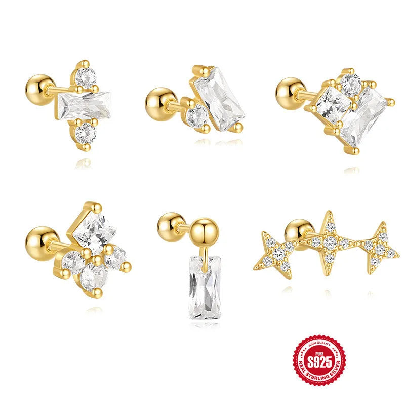 Sterling silver flower ear studs with square gravel design and golden orders electroplated finish