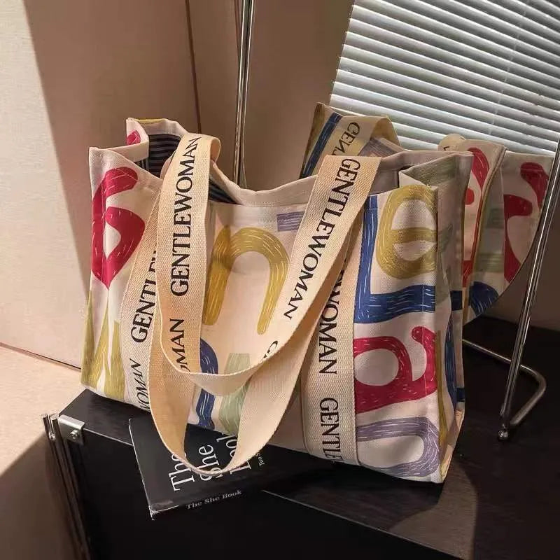 Large canvas shoulder tote bag with printed lettering or pattern design options