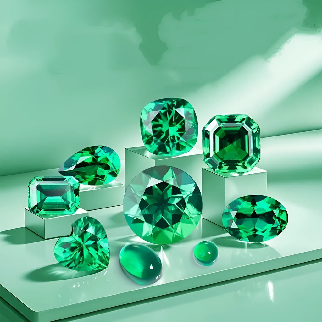 Cultivated emerald gemstone in Columbia green treasure colour showing round and grandmother cut size options