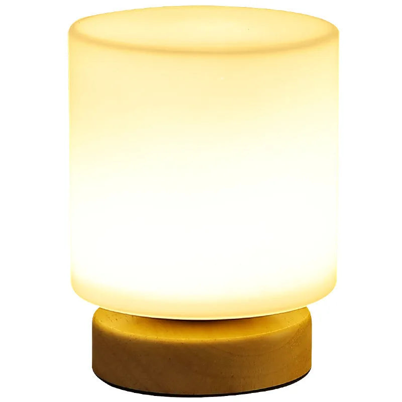 Nordic solid wood USB table lamp in white cube design with touch dimming controls