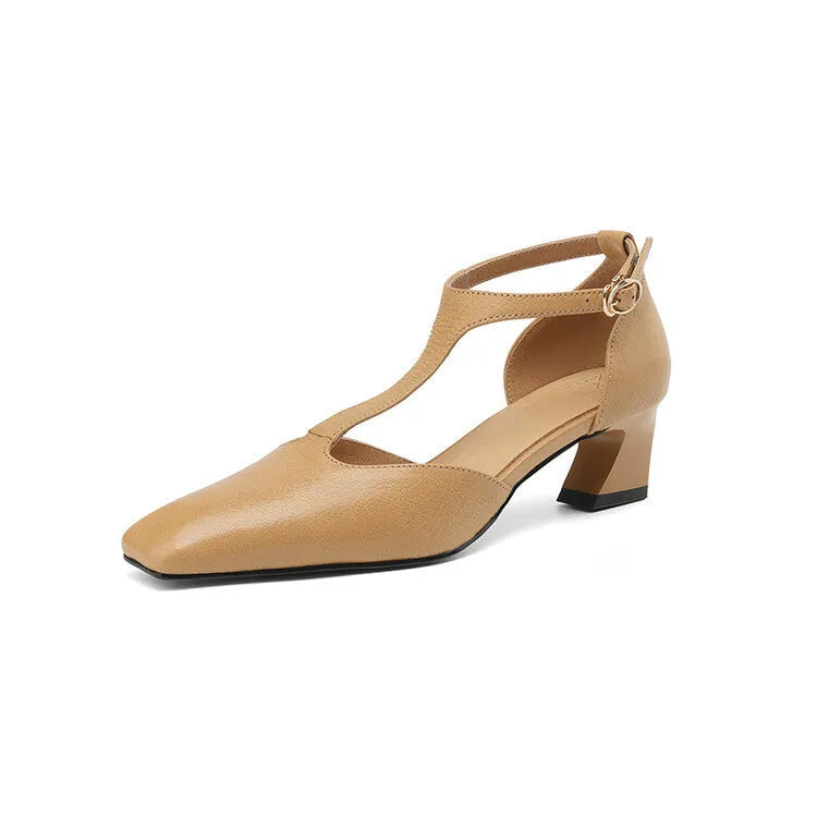 Wine red women's high heels with a square toe, chunky heel, buckle fastening, and visible stitching.