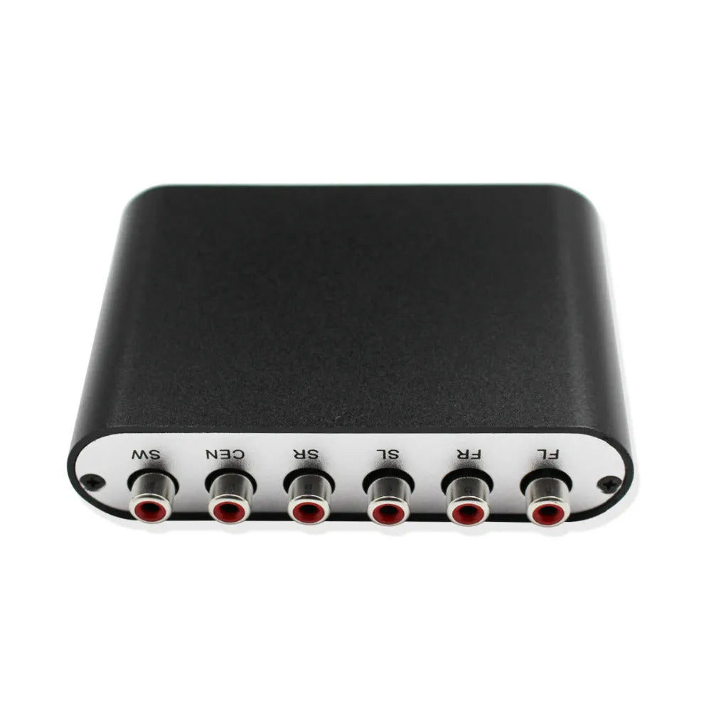 Black DTS Dolby AC-3 digital to analogue audio decoder with optical and coaxial inputs for 5.1 channel surround sound conversion.