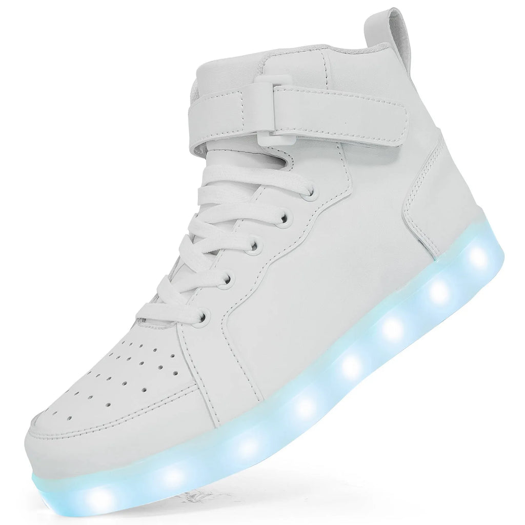 Rechargeable LED light-up high-top trainers in black with Velcro strap, glowing.