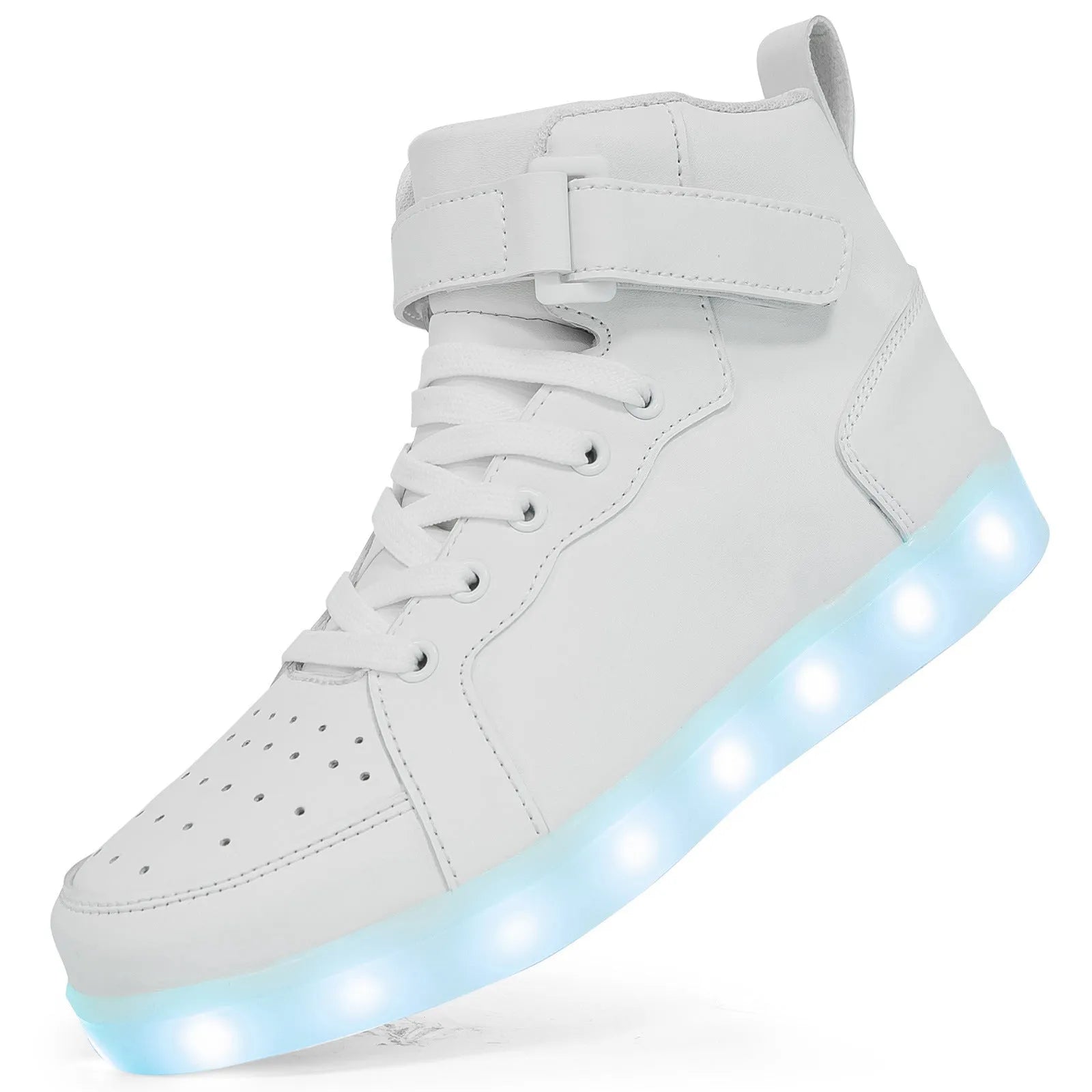 Rechargeable LED light-up high-top trainers in black with Velcro strap, glowing.