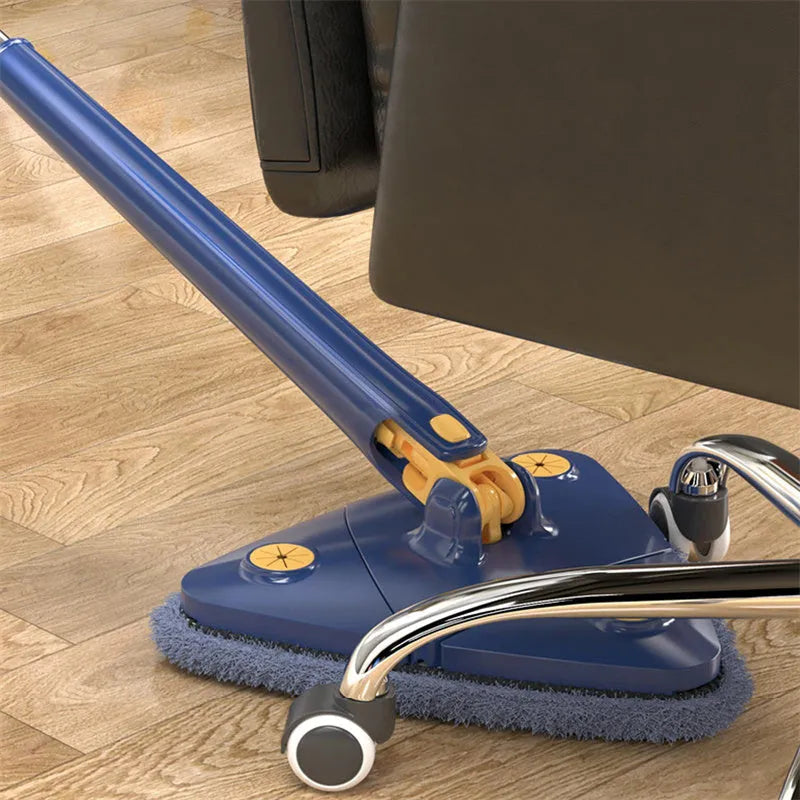 Blue extendable triangle cleaning mop with rotatable head on a stainless steel pole.