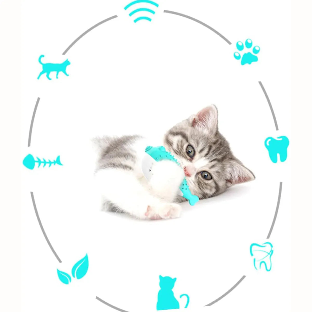 Blue silicone fish-shaped cat chew toy for pet chewing and playing activities