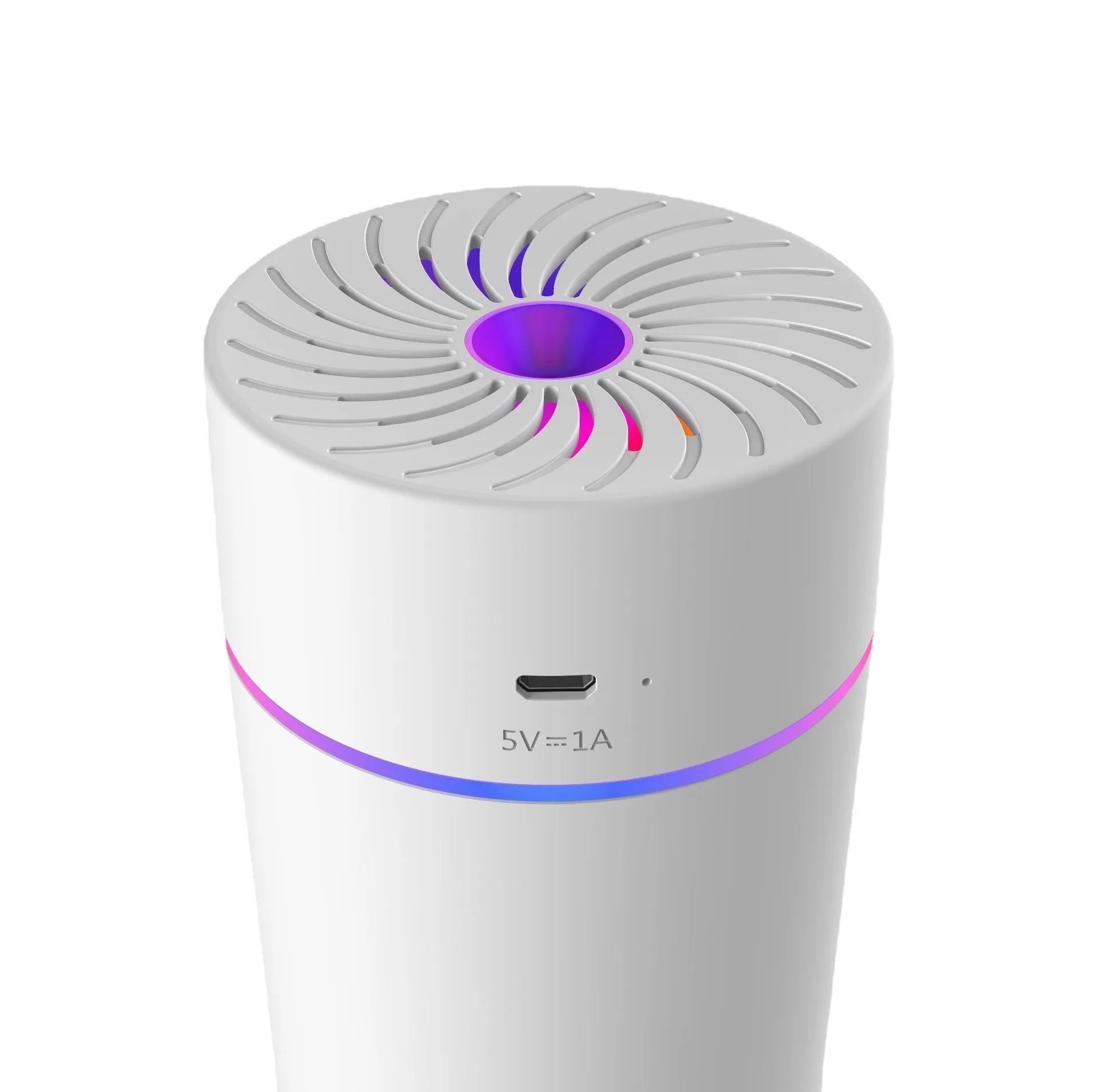 Compact white car USB humidifier with aromatherapy function shown in vehicle cup holder