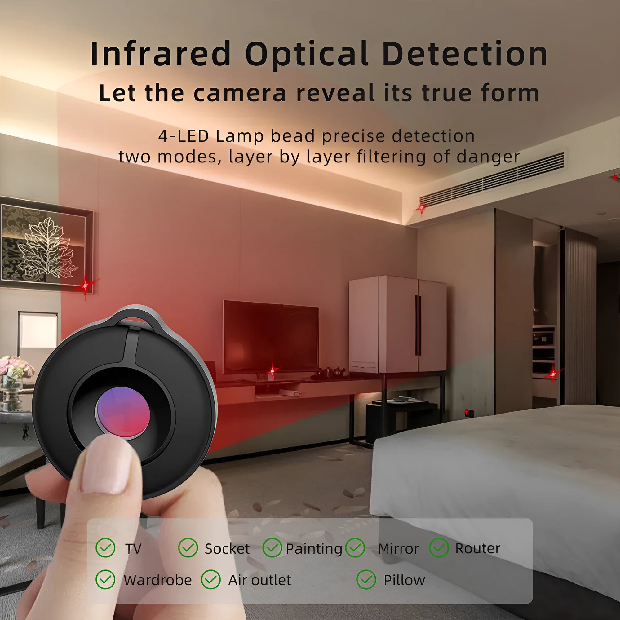 Compact infrared camera detector device for finding hidden surveillance cameras with 5 metre range